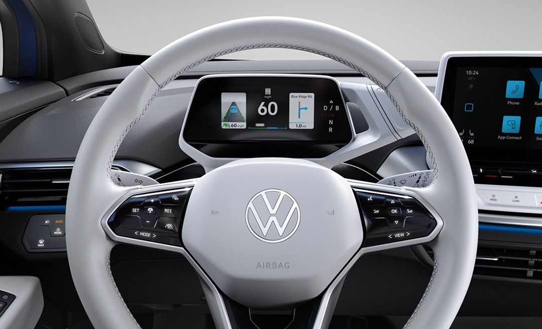 O ID.4 também possui uma tela de 5 polegadas para informações dos medidores, logo atrás do volante. (Fonte: Volkswagen / Divulgação)