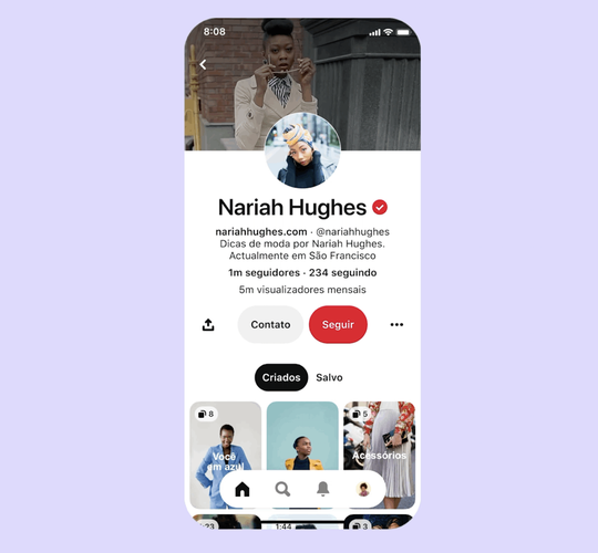 Nova interface de perfil de criadores. (Fonte: Pinterest / Divulgação)
