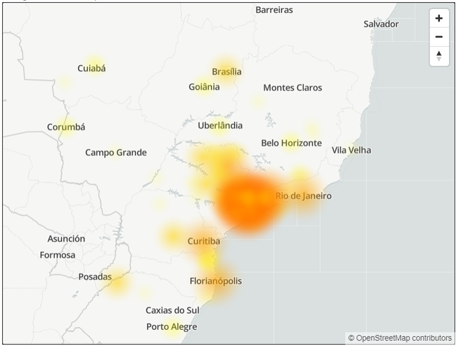 Mapa de reclamações do site Downdetector de clientes Vivo às 12h50 desta sexta-feira (25).