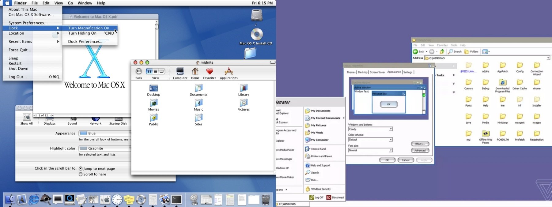 À esquerda, a Aqua para Mac OS X; à direita, o "Candy" para Windows XP.