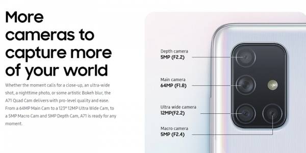 Conjunto de câmeras traseiras do Galaxy A71.