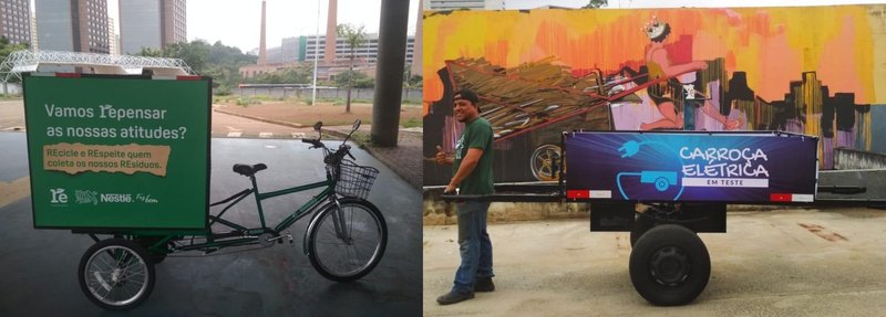 Imagem do triciclo elétrico à esquerda e da carroça elétrica à direita.