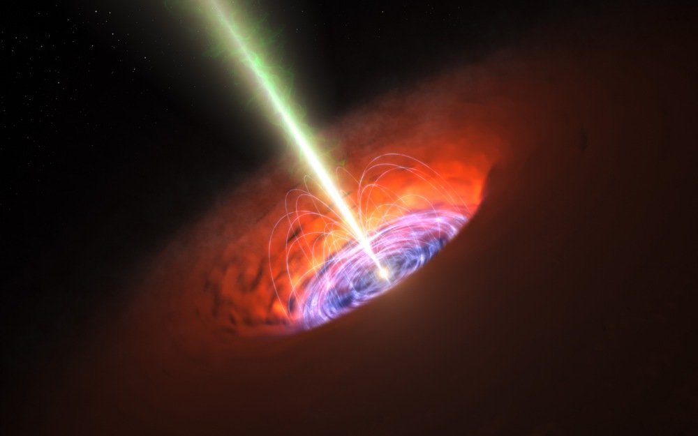 Impressão artística dos arredores de um típico buraco negro supermassivo, encontrado no centro de muitas galáxias.