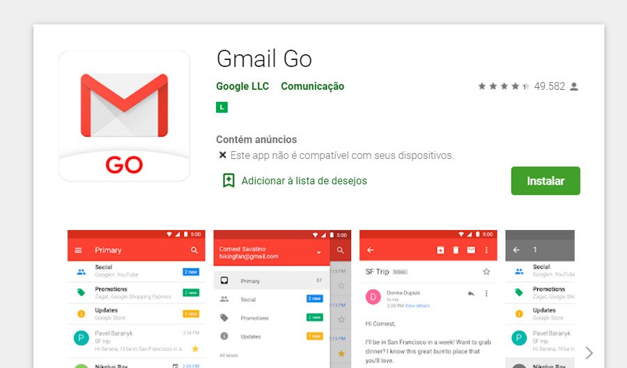 O Gmail Go ainda aparece como indisponível em certos celulares no Brasil