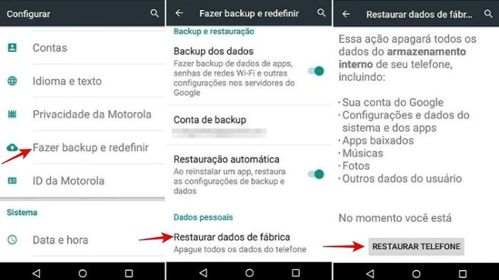 Passos para formatar um celular da Motorola.