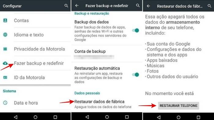 Passos para formatar um celular da Motorola.