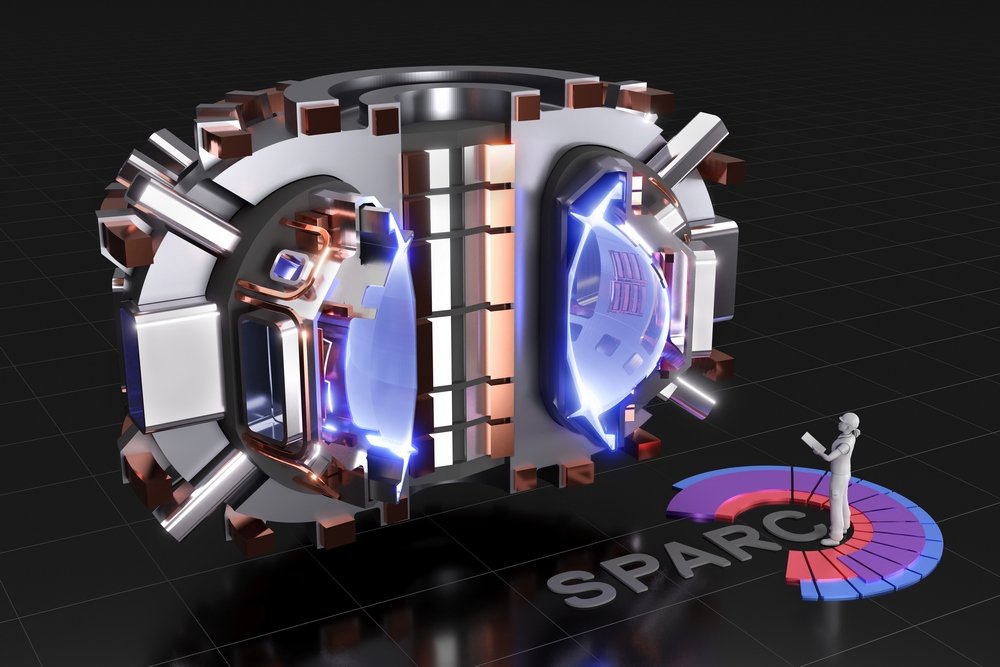 Renderização do SPARC, um tokamak compacto para criar e confinar plasma e produzir energia de fusão líquida.