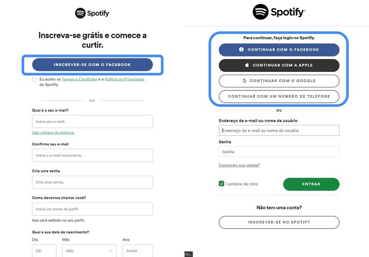À esquerda, a tela de cadastro para novos usuários; à direita, a tela de login para usuários já cadastrados.