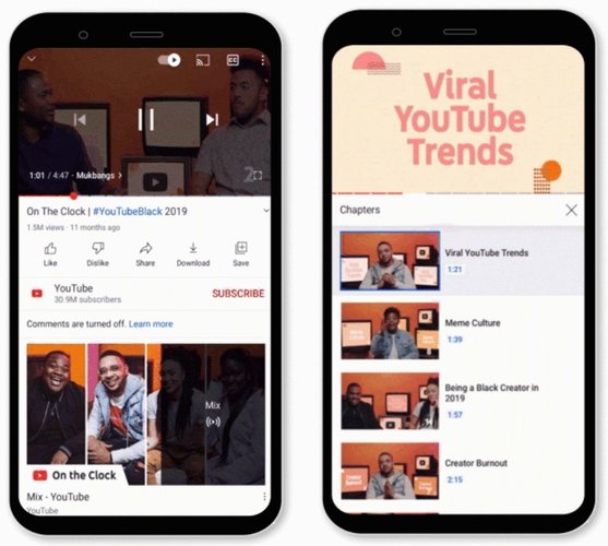 Recurso Video Chapters exibido no YouTube App.