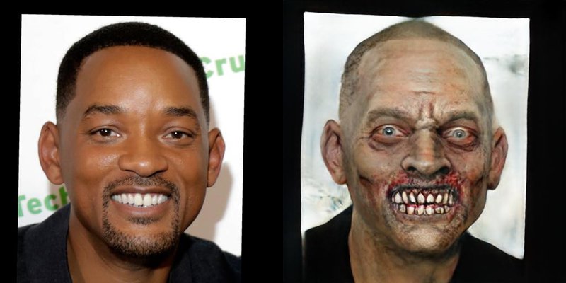 Will Smith e sua versão zumbi, feita no site da IA. (Fonte: Make Me A Zombie / Divulgação)