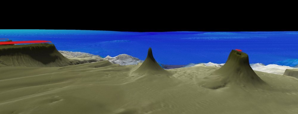 O recife recém-descoberto (ao centro, no mapeamento 3D.