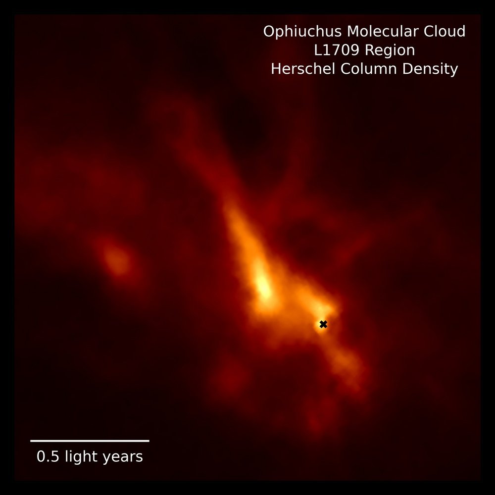 A Ophiuchus, que fornece material para a IRS 63 e o disco formador de planetas (marcados com um X)