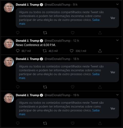 Algumas das publicações recentes de Trump marcadas como potencialmente falsas.