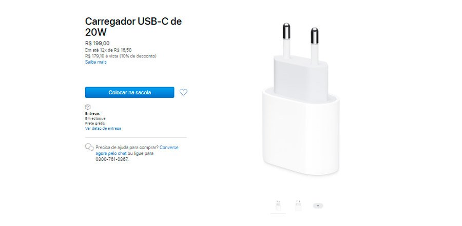 O preço do carregador USB-C de 20W da Apple foi reduzido no Brasil