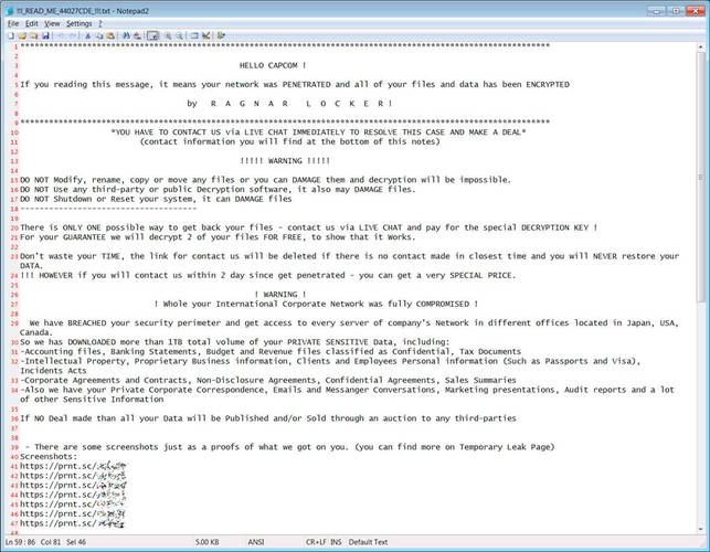 Nota enviada pelos hackers para a Capcom, segundo o Bleeping Computer