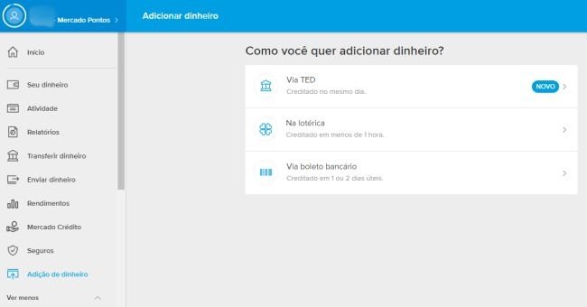 Formas de adicionar saldo à sua carteira virtual.