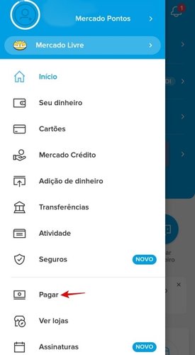 Menu do app Mercado Pago.