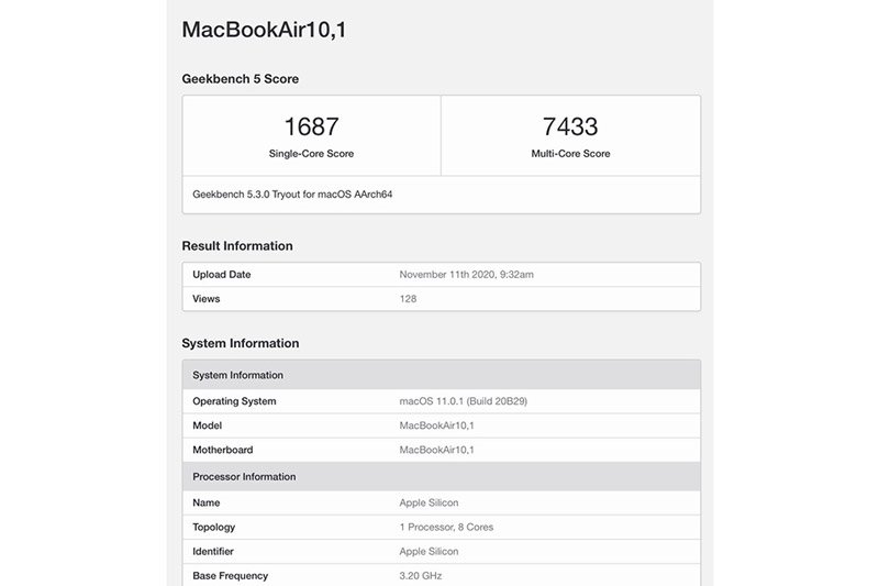 Pontuação do MacBook Air 2020 no Geekbench