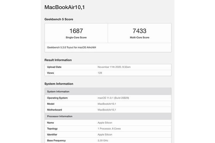 Pontuação do MacBook Air 2020 no Geekbench