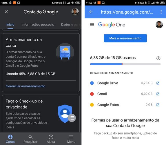 O armazenamento pode ser visualizado dentro das opções da conta Google
