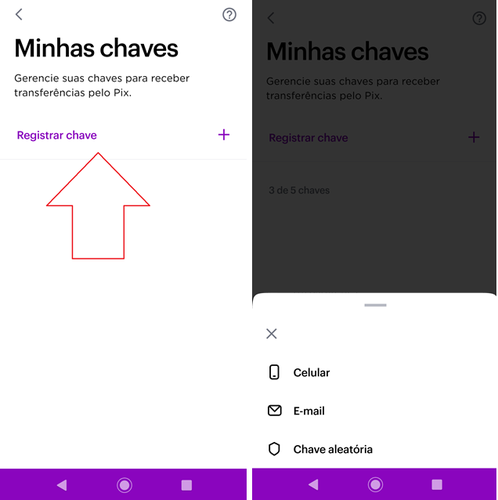 Registro de chaves no app do Nubank.