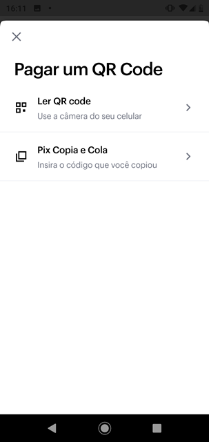 Opção pagamento do Pix no app Nubank.