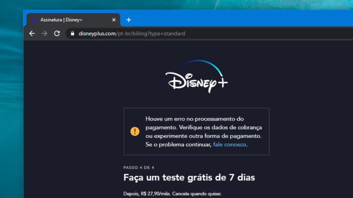 Plataforma impede cadastro se cobrança for negada.