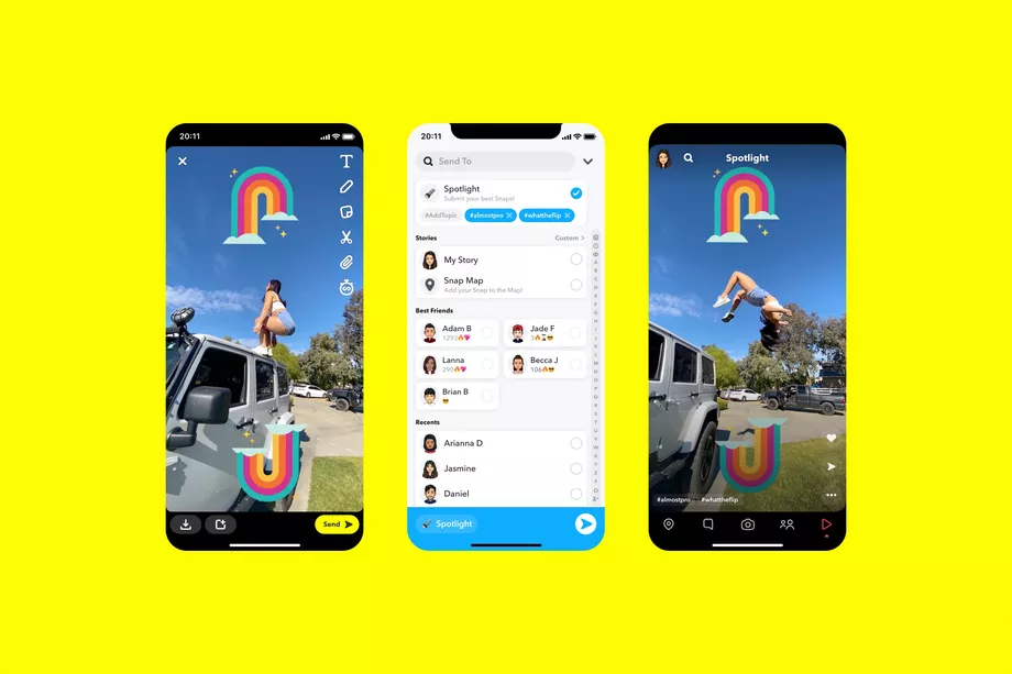 Interface do Spotlight, nova função do Snapchat. (Fonte: The Verge, Snapchat / Reprodução)