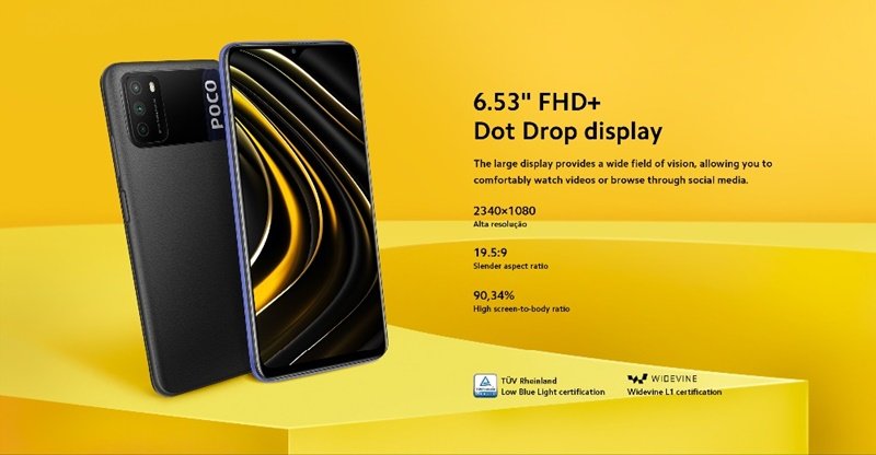 POCO M3 tem display de 6,53 polegadas e resolução Full HD.