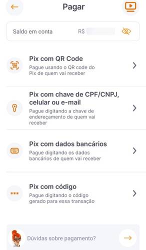 Opções para enviar um PIX.