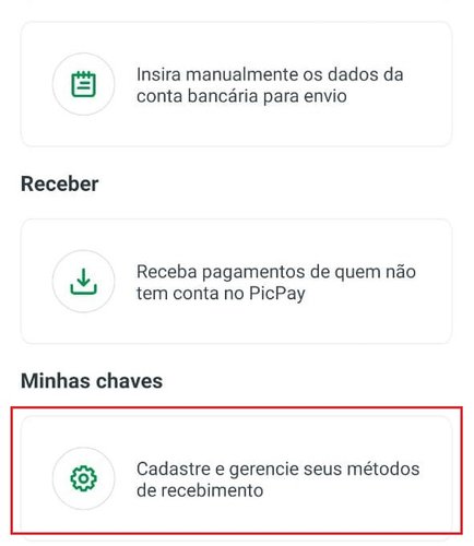 Aqui você consegue cadastrar e gerenciar suas chaves do Pix