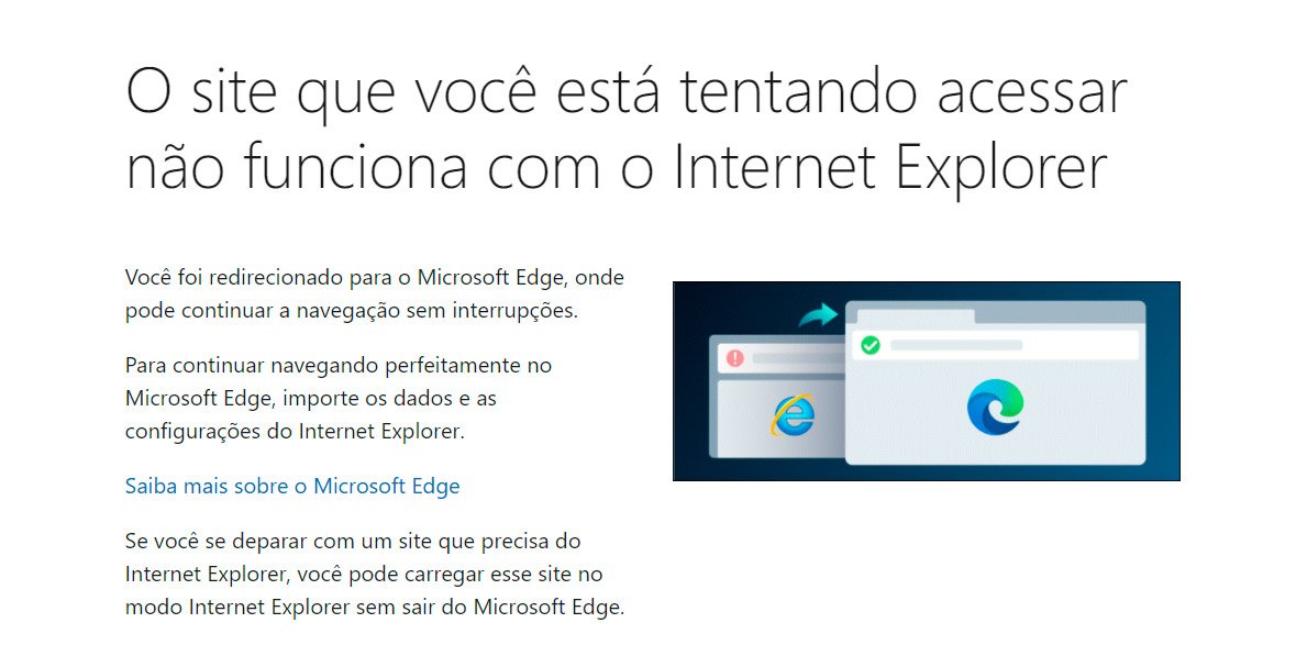 O Internet Explorer exibe uma mensagem recomendando a migração para o Edge
