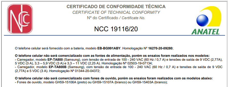 Seção do documento da Anatel confirmando a ausência de carregador e fones de ouvido. (Fonte: Anatel via Tecnblog / Reprodução)
