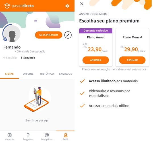 Menu de configuração da conta e de compra da versão premium.