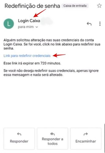 E-mail de redefinição de senha enviado pelo Caixa Tem.