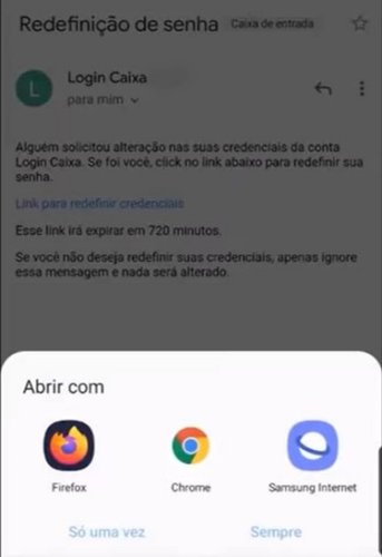 Escolha o navegador para abrir o link de redefinição de senha.