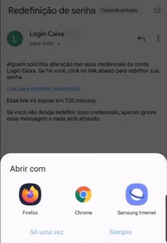 Escolha o navegador para abrir o link de redefinição de senha.