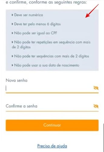 Preste atenção às regras para definir sua nova senha.