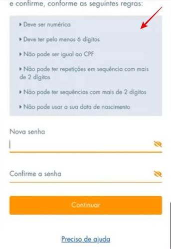 Preste atenção às regras para definir sua nova senha.