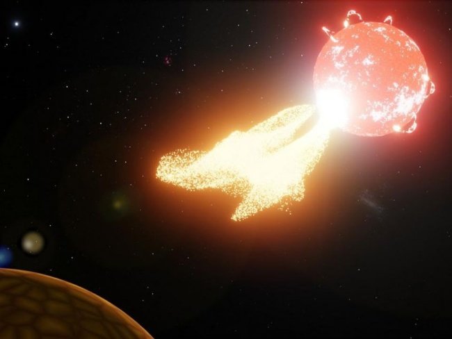 Ilustração mostra o material ejetado de Proxima Centauri indo em direção aos planetas próximos.