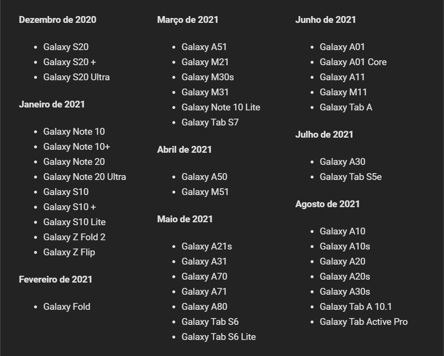 Cronograma oficial do lançamento da One UI 3.0. (Fonte: Samsung, Android Police / Reprodução)