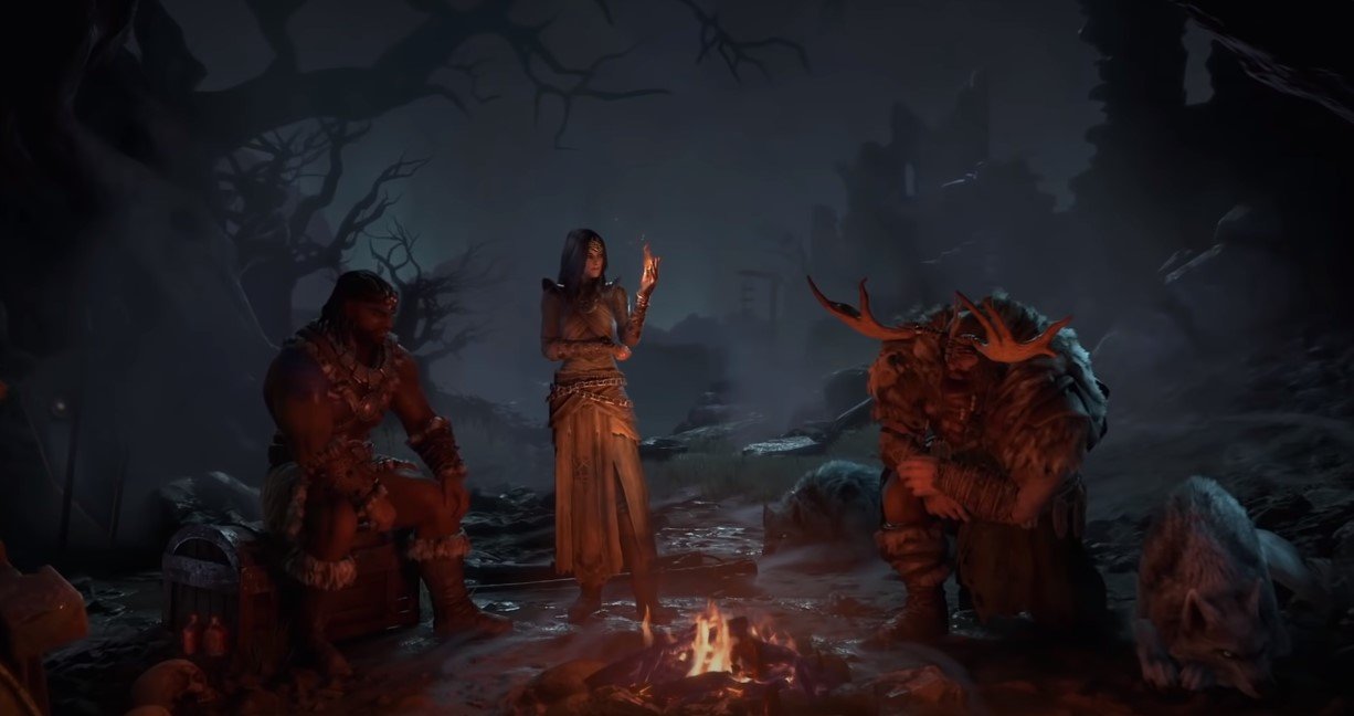 Famosa cena da fogueira de Diablo 4 com os três personagens revelados até o momento: Druida, Feiticeira e Bárbaro
