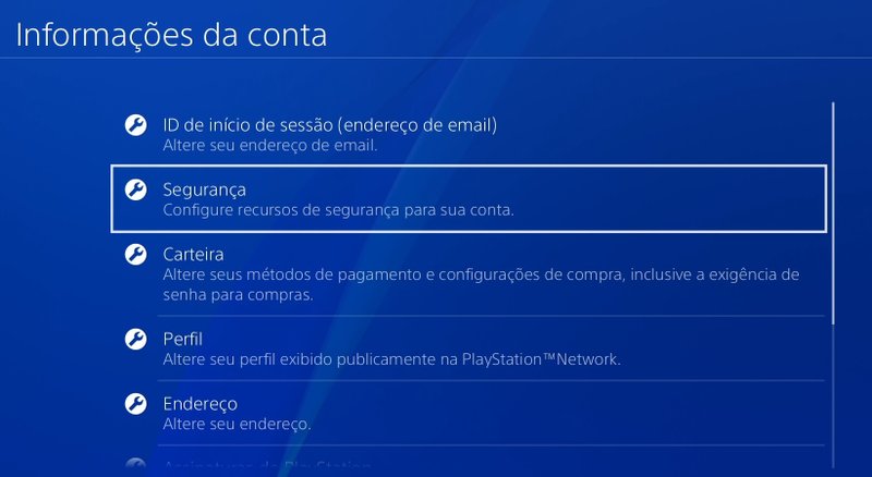 Acesse a opção Segurança para continuar o procedimento de configuração
