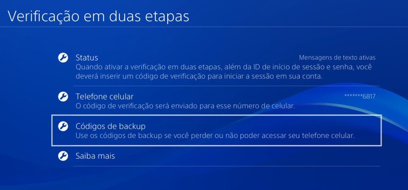 Na opção Códigos de Backup, você irá gerar códigos únicos para utilizá-los caso perca acesso ao seu número de celular