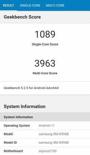 Resultado do teste Geekbench com o Exynos 2100.