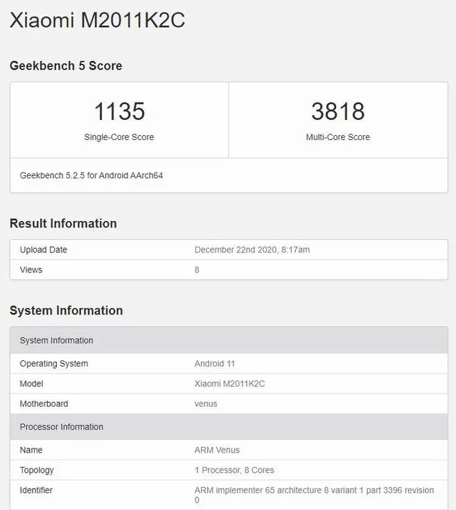 Resultado do teste Geekbench com o Snapdragon 888.