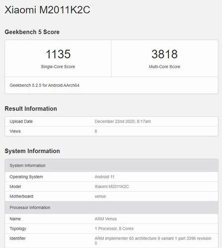 Resultado do teste Geekbench com o Snapdragon 888.