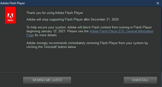 Mensagem de encerramento do suporte ao Flash Player.