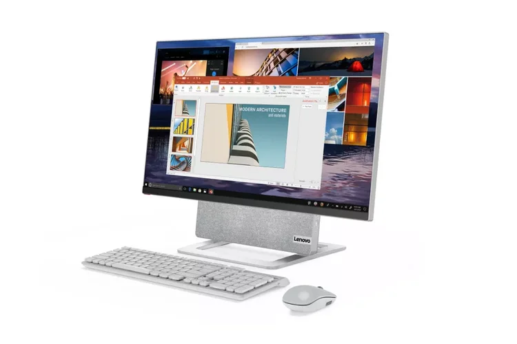 Computador all-in-one com o monitor na posição original.