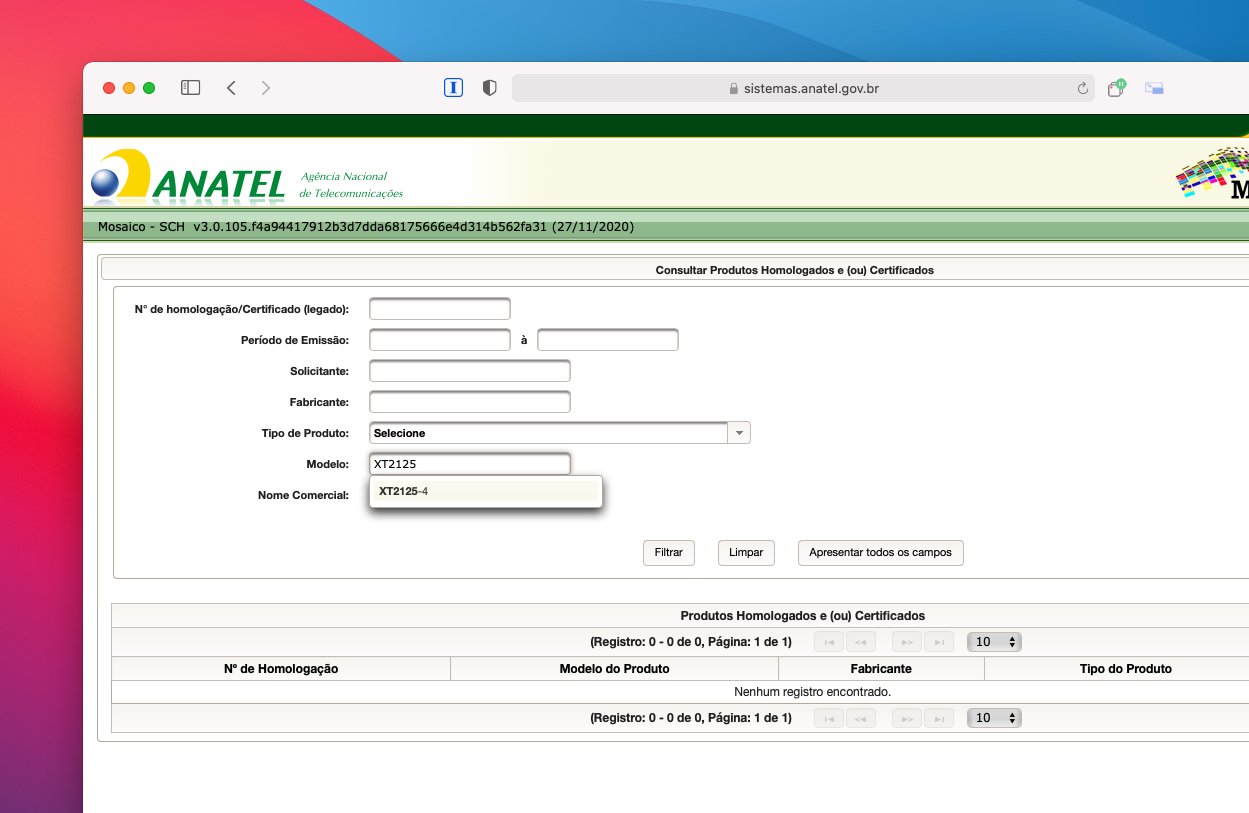 Menção ao aparelho XT2125-4 no site da Anatel.